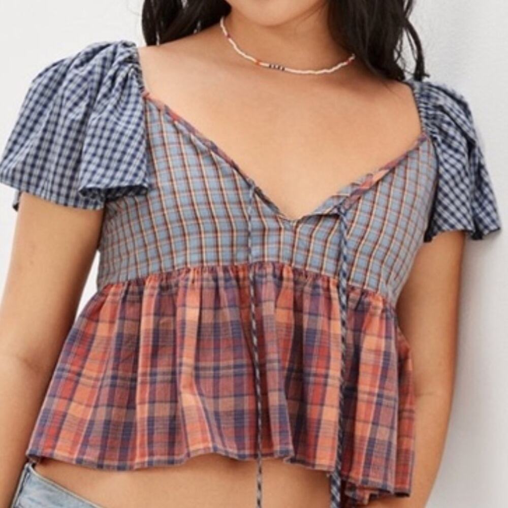 American Eagle V-Neck Babydoll Blouse Patchwork Plaid Size Large NWT